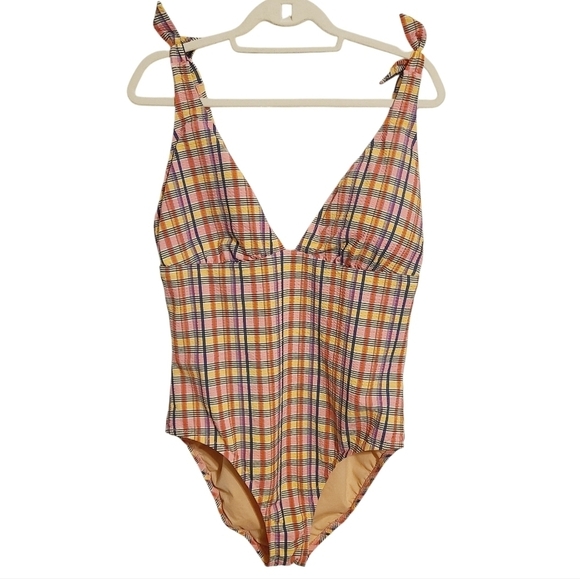 J. Crew | Pink Madras Plaid Tie-Shoulder V-Neck One-Piece Swimsuit (Size 16) - Picture 2 of 15